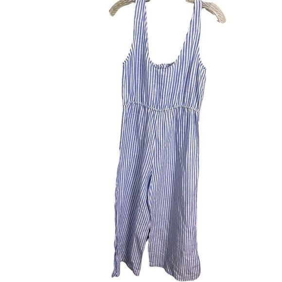 J.Crew Sz XS Sofia Stripe Cobalt Sea Button-front Tie-waist Linen Jumpsuit - Picture 3 of 7